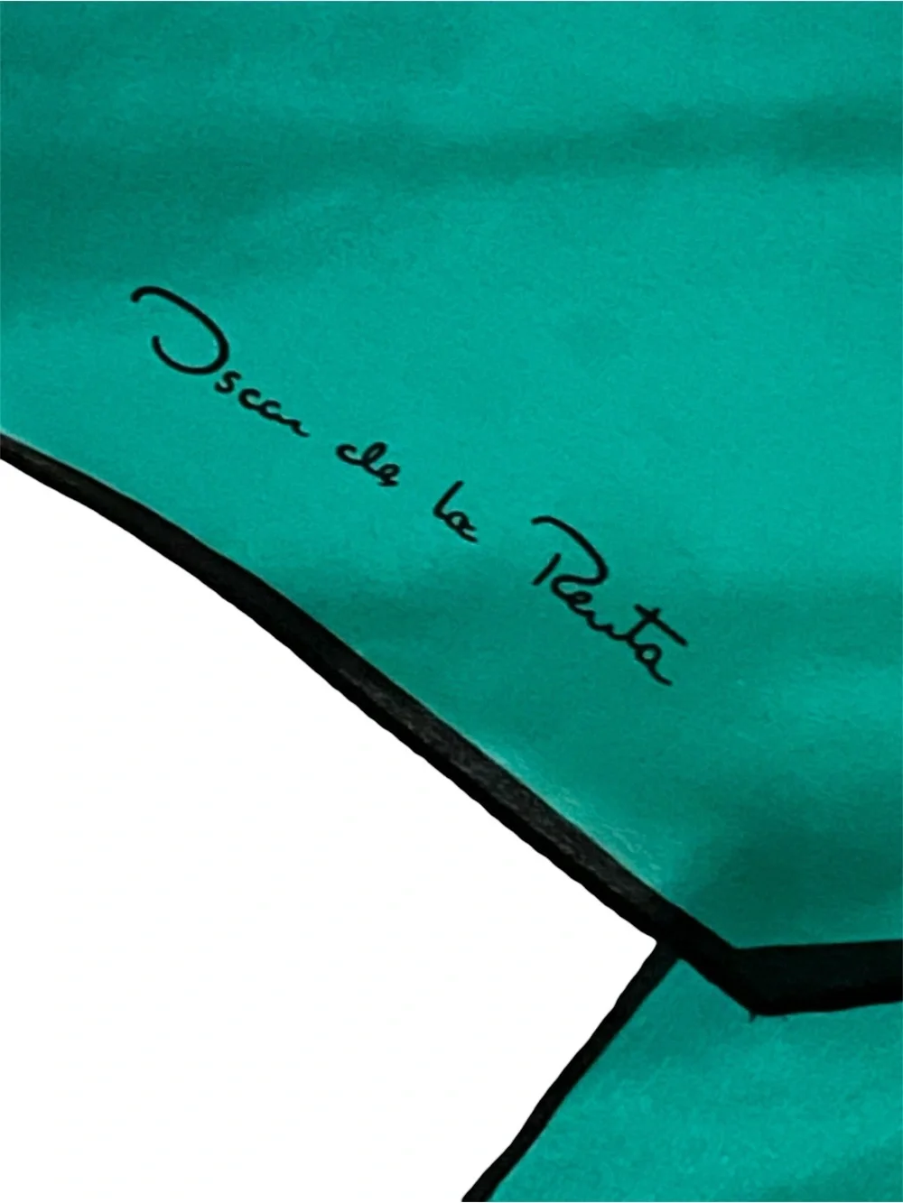 Oscar de la Renta Vintage Silk Teal Scarf with Black Trim and Signature